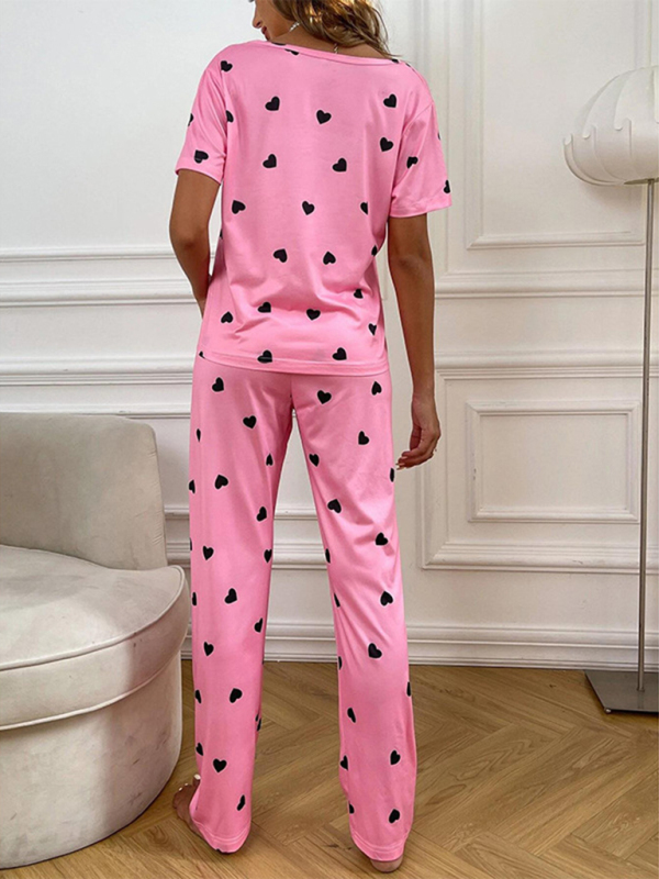 Women's heart print short-sleeved casual pajama sets-chiquechics