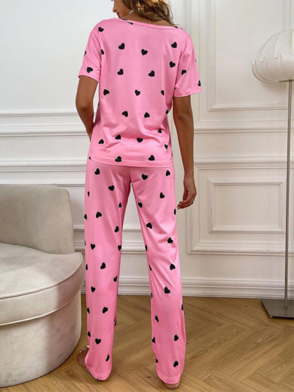 Women's heart print short-sleeved casual pajama sets-chiquechics