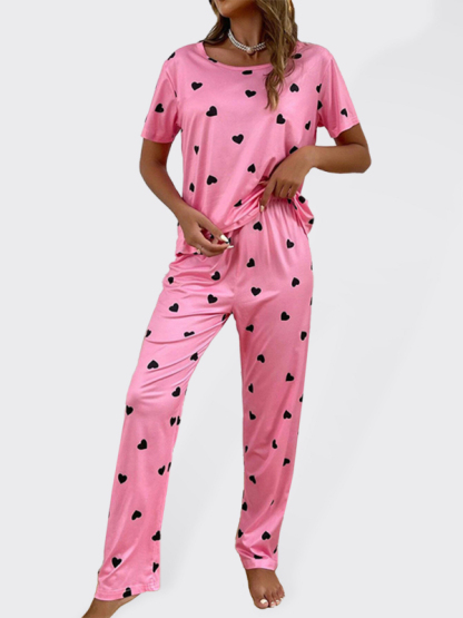 Women's heart print short-sleeved casual pajama sets-chiquechics