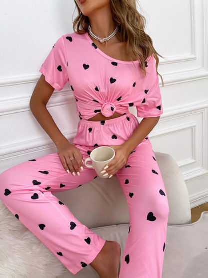 Women's heart print short-sleeved casual pajama sets-chiquechics
