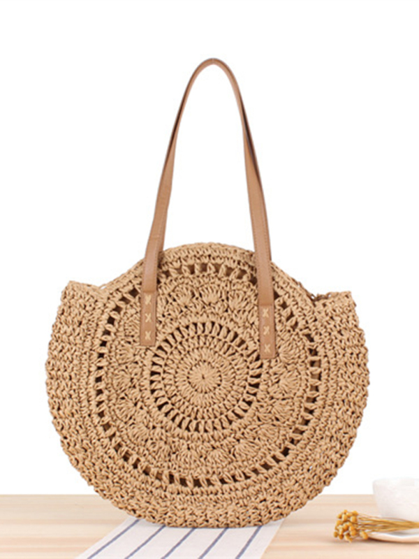 Round shoulder straw woven bag woven bag beach bag fashion women's bag straw woven bag-chiquechics