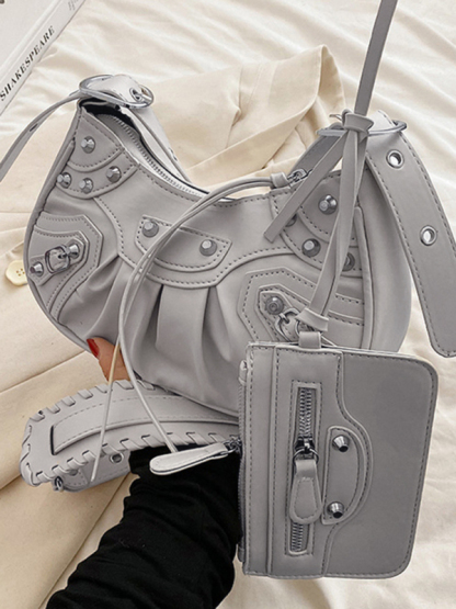 Rivet Heavy Industry Pleated Shoulder Underarm Bag Messenger Bag-chiquechics