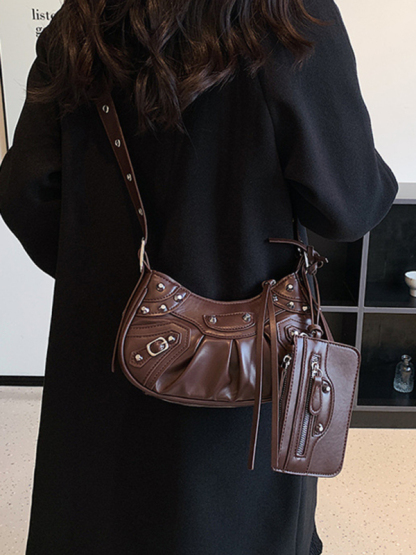 Rivet Heavy Industry Pleated Shoulder Underarm Bag Messenger Bag-chiquechics