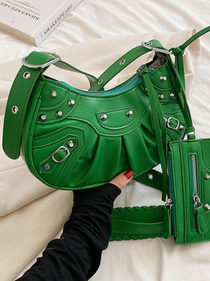Rivet Heavy Industry Pleated Shoulder Underarm Bag Messenger Bag-chiquechics