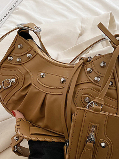 Rivet Heavy Industry Pleated Shoulder Underarm Bag Messenger Bag-chiquechics