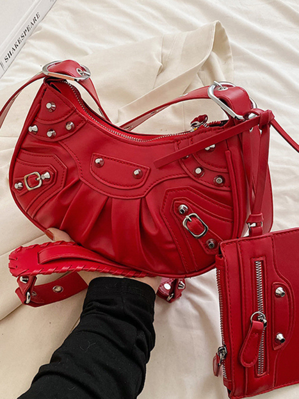 Rivet Heavy Industry Pleated Shoulder Underarm Bag Messenger Bag-chiquechics