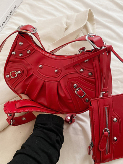 Rivet Heavy Industry Pleated Shoulder Underarm Bag Messenger Bag-chiquechics