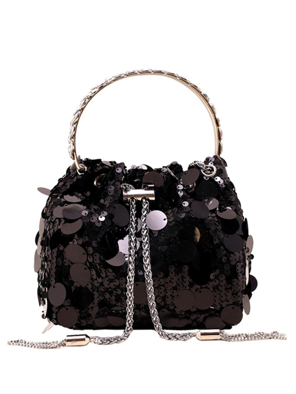 Metal tassel sequin evening bag hand-held crossbody bucket lipstick bag-chiquechics