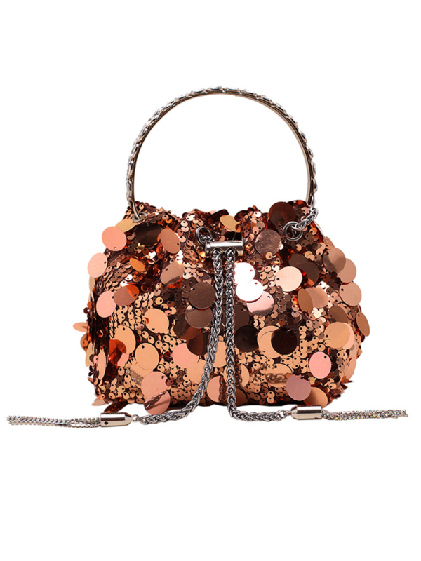 Metal tassel sequin evening bag hand-held crossbody bucket lipstick bag-chiquechics