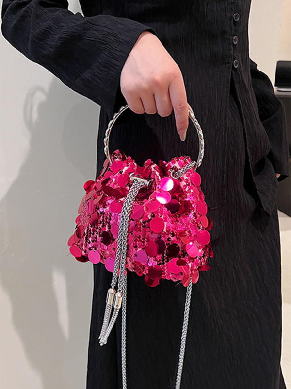 Metal tassel sequin evening bag hand-held crossbody bucket lipstick bag-chiquechics