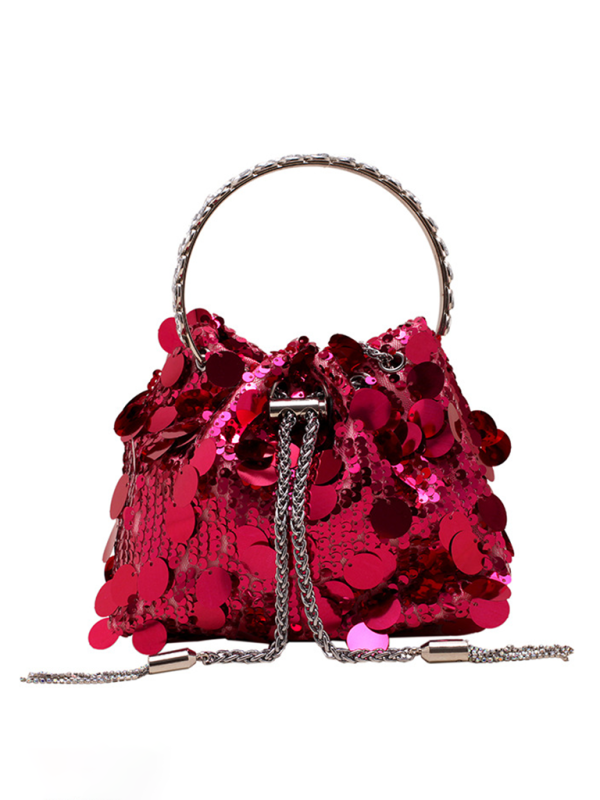 Metal tassel sequin evening bag hand-held crossbody bucket lipstick bag-chiquechics
