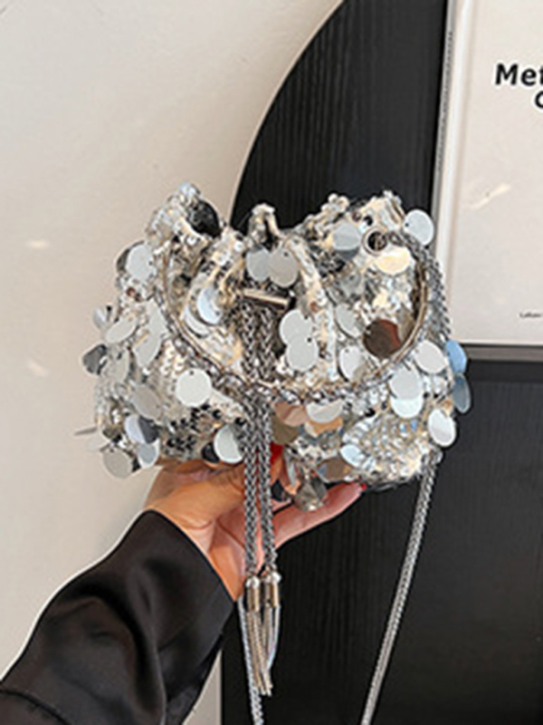 Metal tassel sequin evening bag hand-held crossbody bucket lipstick bag-chiquechics