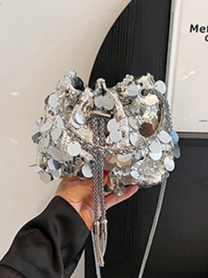 Metal tassel sequin evening bag hand-held crossbody bucket lipstick bag-chiquechics
