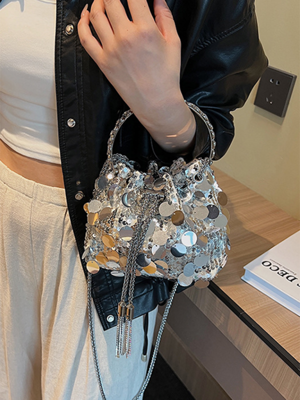 Metal tassel sequin evening bag hand-held crossbody bucket lipstick bag-chiquechics
