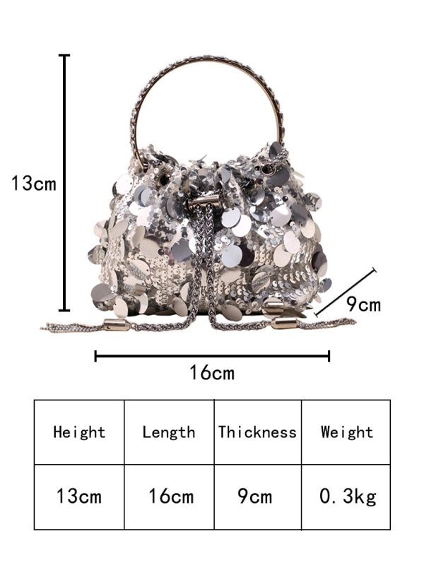 Metal tassel sequin evening bag hand-held crossbody bucket lipstick bag-chiquechics