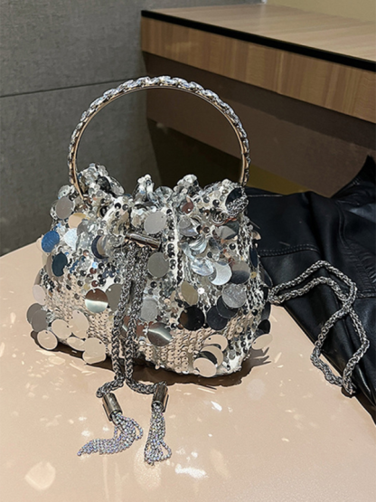 Metal tassel sequin evening bag hand-held crossbody bucket lipstick bag-chiquechics