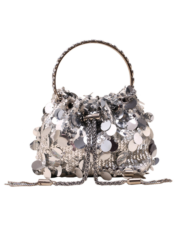 Metal tassel sequin evening bag hand-held crossbody bucket lipstick bag-chiquechics