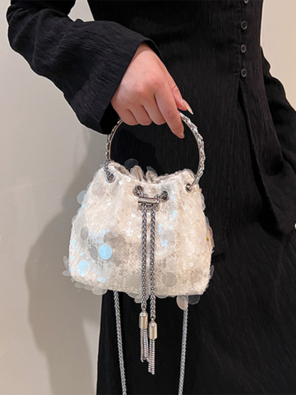 Metal tassel sequin evening bag hand-held crossbody bucket lipstick bag-chiquechics