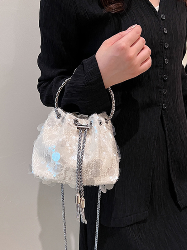 Metal tassel sequin evening bag hand-held crossbody bucket lipstick bag-chiquechics