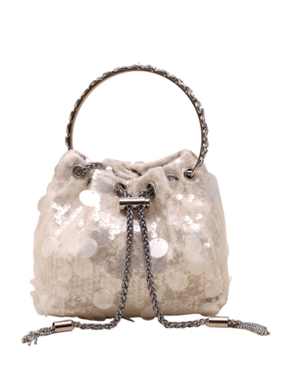 Metal tassel sequin evening bag hand-held crossbody bucket lipstick bag-chiquechics