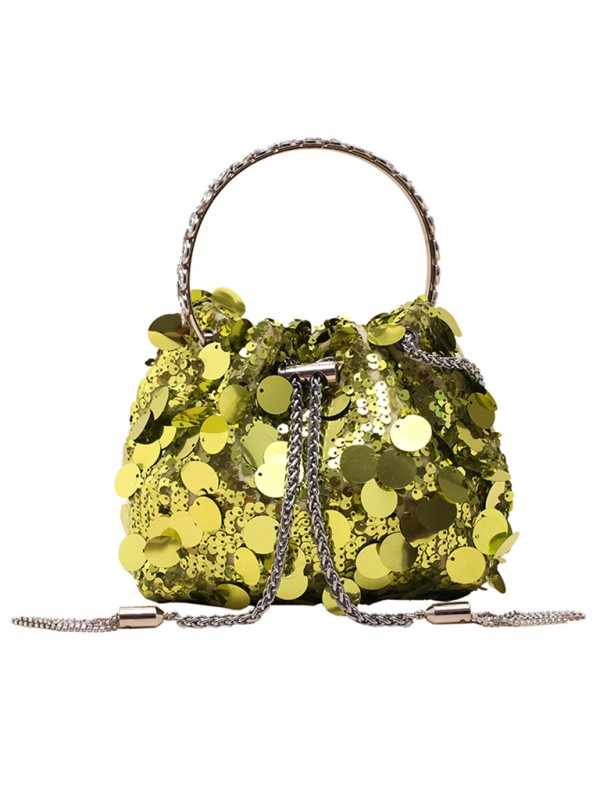 Metal tassel sequin evening bag hand-held crossbody bucket lipstick bag-chiquechics