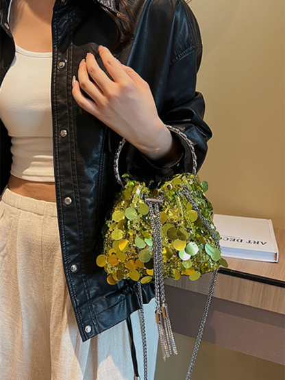 Metal tassel sequin evening bag hand-held crossbody bucket lipstick bag-chiquechics