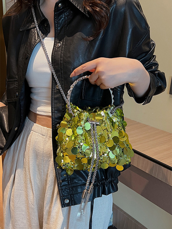 Metal tassel sequin evening bag hand-held crossbody bucket lipstick bag-chiquechics