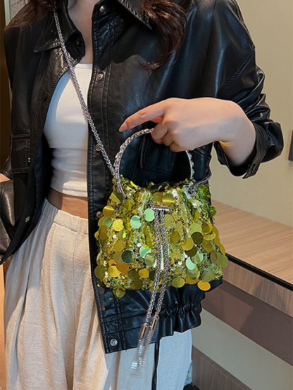 Metal tassel sequin evening bag hand-held crossbody bucket lipstick bag-chiquechics