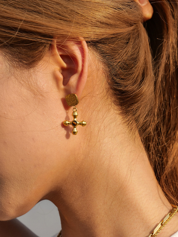 French retro palace style stainless steel natural stone cross necklace/earrings-chiquechics