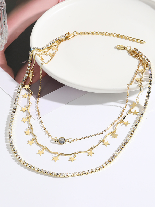 Five-pointed star stacked zircon metal necklace multi-layer necklace new style-chiquechics