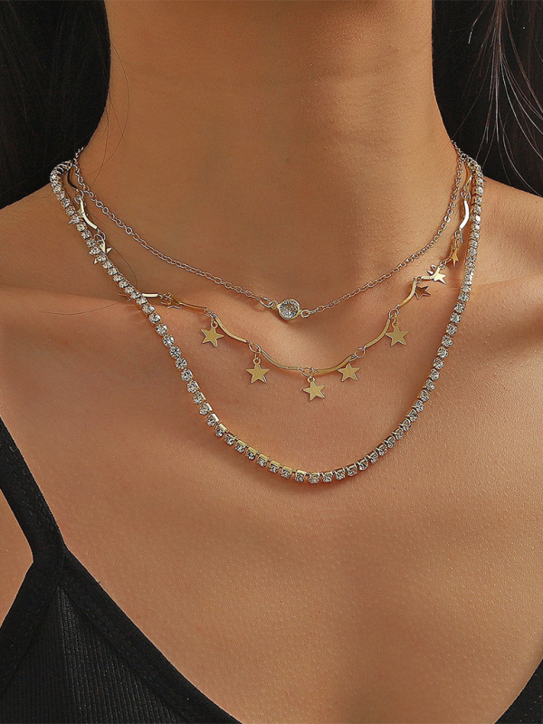 Five-pointed star stacked zircon metal necklace multi-layer necklace new style-chiquechics
