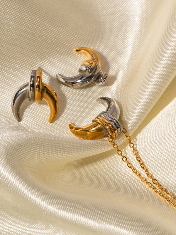 New gold and silver color matching moon personality pendant necklace earrings-chiquechics
