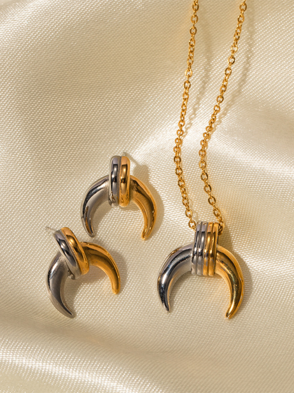 New gold and silver color matching moon personality pendant necklace earrings-chiquechics