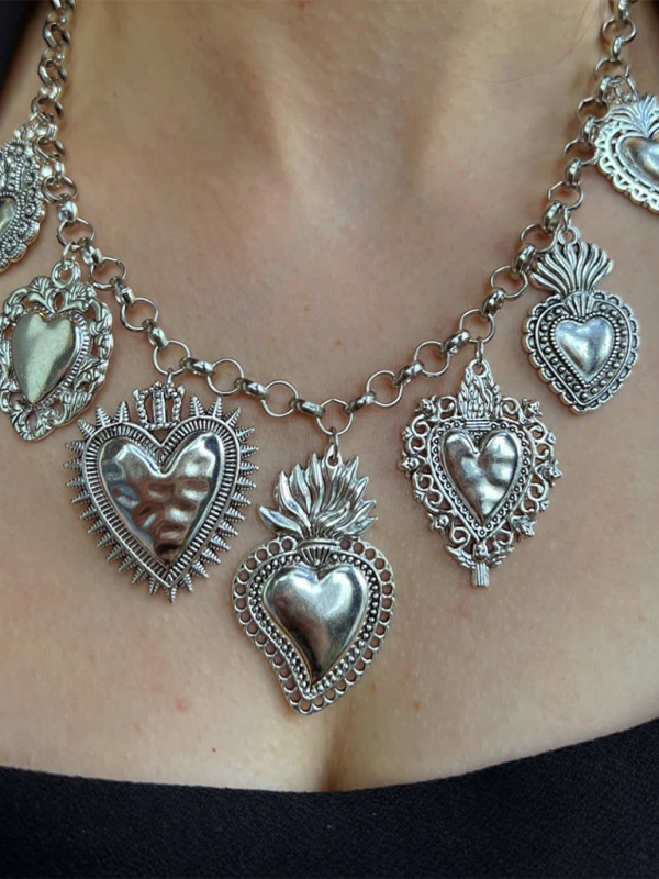 Multiple Sacred Heart Pendant Necklace Silver Chain Personalized Design Female Jewelry-chiquechics