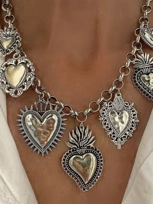 Multiple Sacred Heart Pendant Necklace Silver Chain Personalized Design Female Jewelry-chiquechics