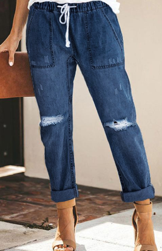 Ladies Fashion Elastic Waist Drawstring Jeans-chiquechics