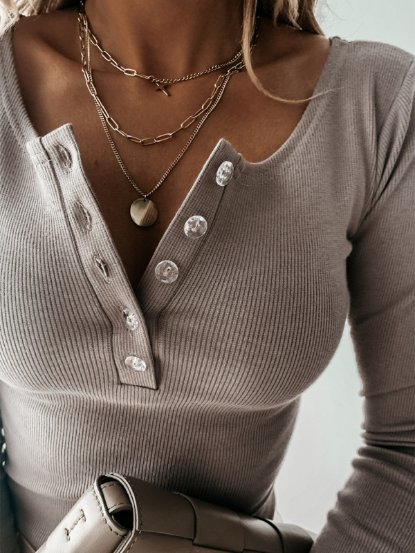 Solid Button Slim Long Sleeve Top Bottom Shirt-chiquechics