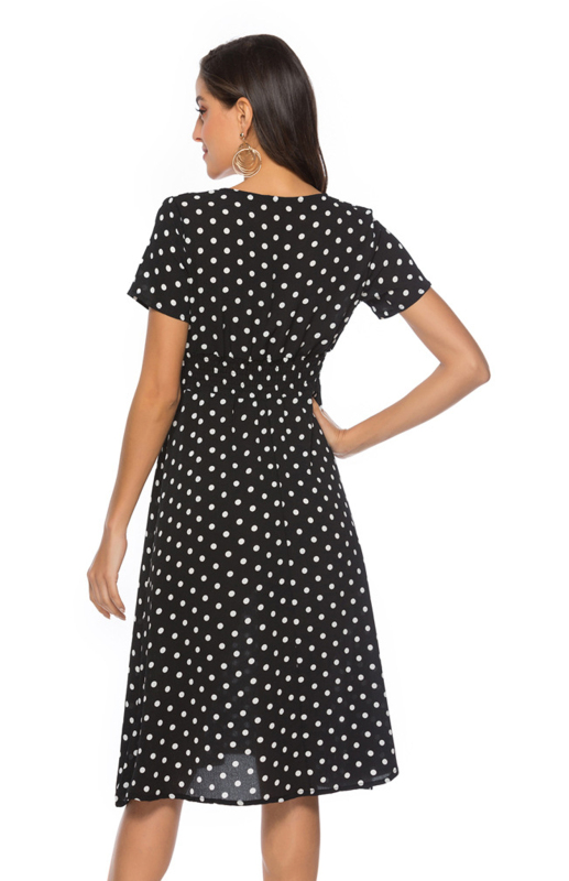 Polka Dot Print V-Neck Short Sleeve Dress-chiquechics