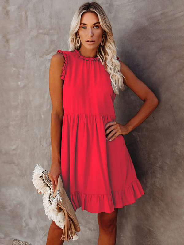 Women's Solid Color Ruffled Waist Dress-chiquechics