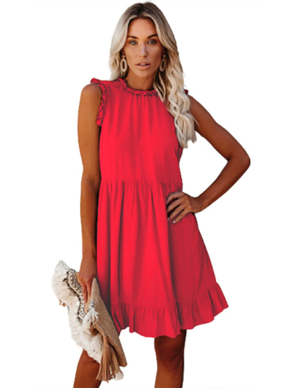 Women's Solid Color Ruffled Waist Dress-chiquechics