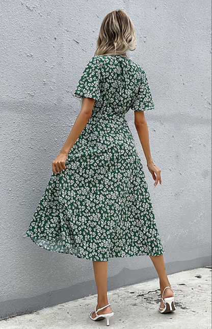 Short Sleeve Lace-Up Cardigan Print Dress
