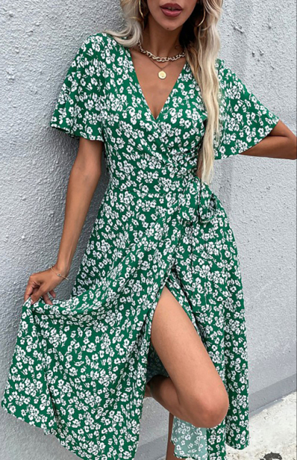 Short Sleeve Lace-Up Cardigan Print Dress