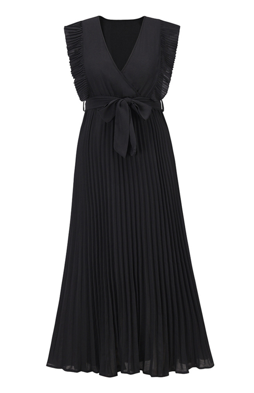 Slim Fit Sexy Lotus Leaf Sleeve Chiffon Pleated Skirt Solid Color Dress-chiquechics