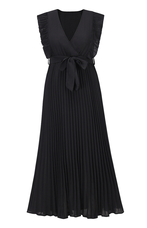 Slim Fit Sexy Lotus Leaf Sleeve Chiffon Pleated Skirt Solid Color Dress-chiquechics