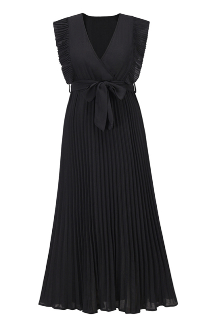 Slim Fit Sexy Lotus Leaf Sleeve Chiffon Pleated Skirt Solid Color Dress-chiquechics