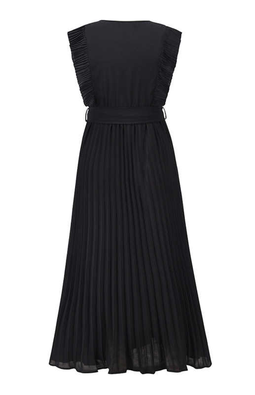 Slim Fit Sexy Lotus Leaf Sleeve Chiffon Pleated Skirt Solid Color Dress-chiquechics