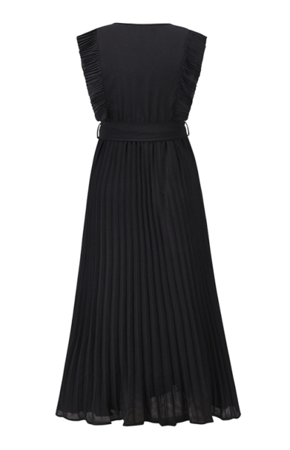 Slim Fit Sexy Lotus Leaf Sleeve Chiffon Pleated Skirt Solid Color Dress-chiquechics