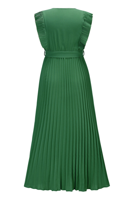 Slim Fit Sexy Lotus Leaf Sleeve Chiffon Pleated Skirt Solid Color Dress-chiquechics