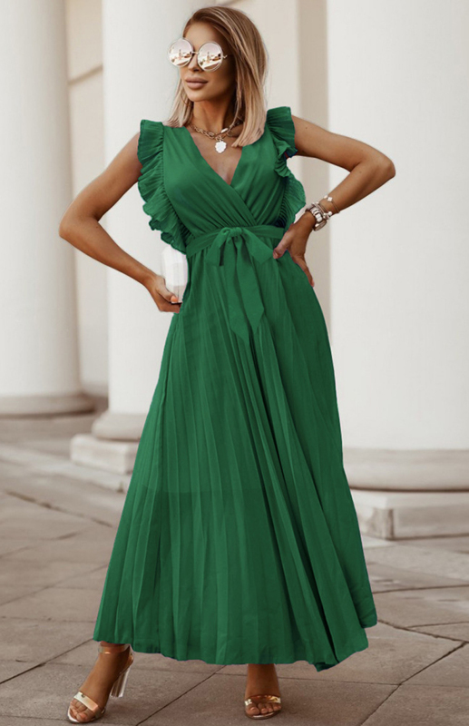 Slim Fit Sexy Lotus Leaf Sleeve Chiffon Pleated Skirt Solid Color Dress-chiquechics