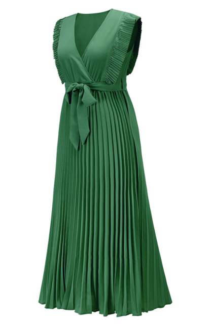Slim Fit Sexy Lotus Leaf Sleeve Chiffon Pleated Skirt Solid Color Dress-chiquechics